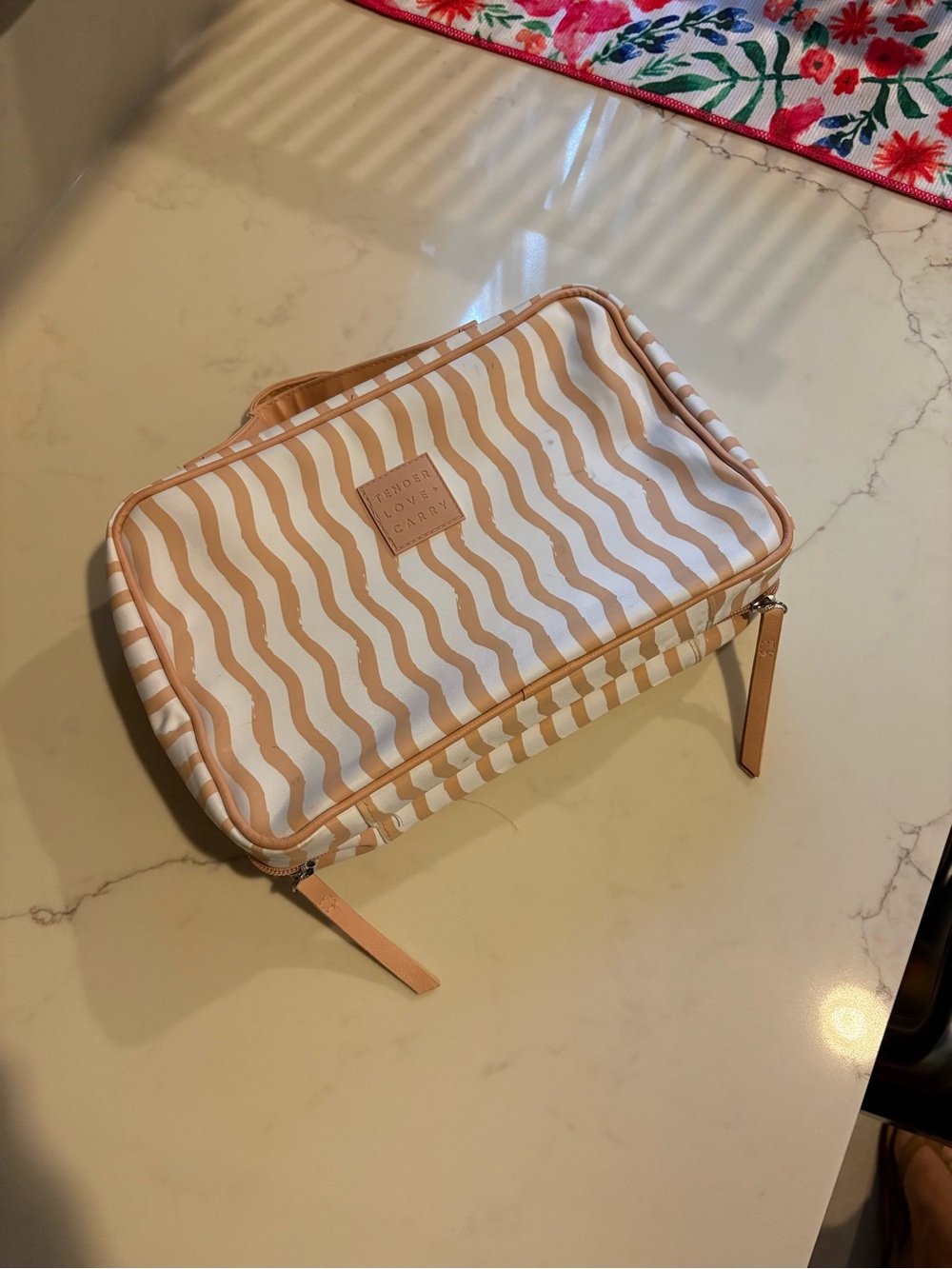 Striped Travel Cosmetic Bag in White and Tan